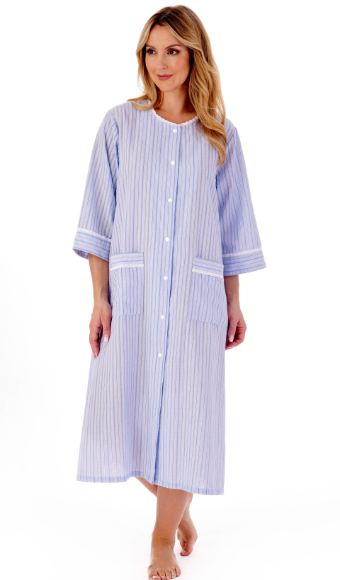 Slenderella Popper Cotton Rich Stripe Housecoat